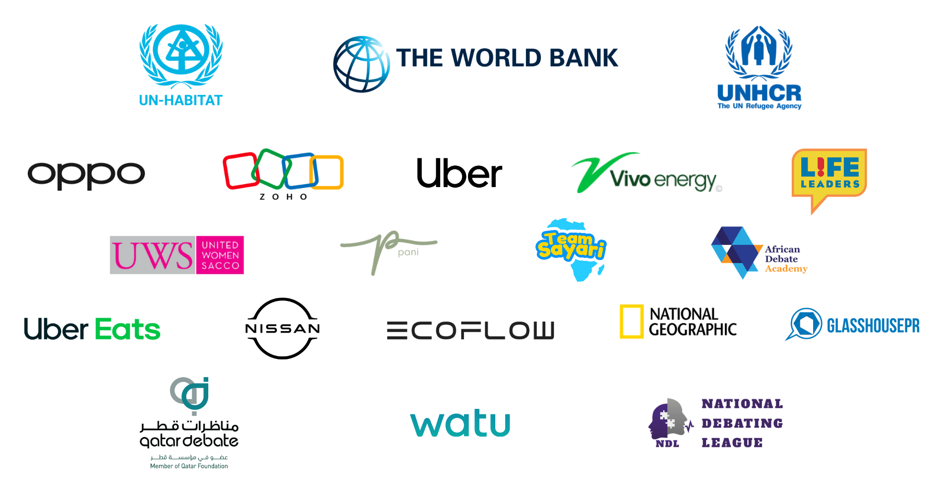 Logos of organizations Tajir has worked with, including UN-Habitat, The World Bank, UNHCR, Oppo, Zoho, Uber, Vivo Energy, Life Leaders, United Women Sacco, Pani, Team Sayari, African Debate Academy, Uber Eats, Nissan, EcoFlow, National Geographic, GlasshousePR, Qatar Debate, Watu, and National Debating League